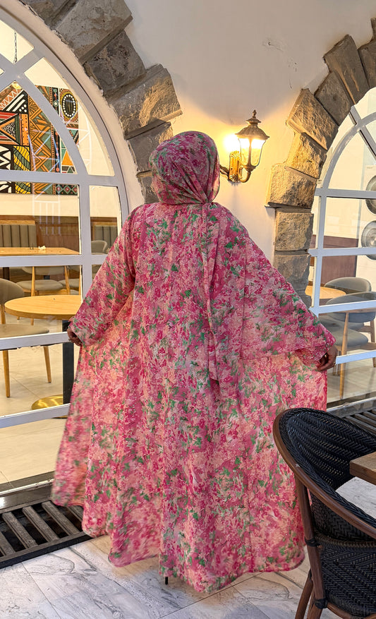Printed Chiffon Abaya- hot pink