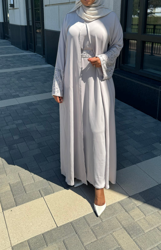 Two Piece with Belt Light Gray Abaya