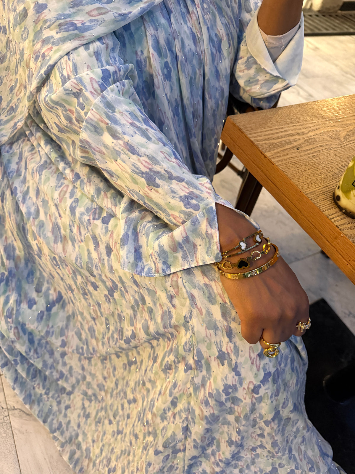 Printed Chiffon Abaya-Blue/Mint