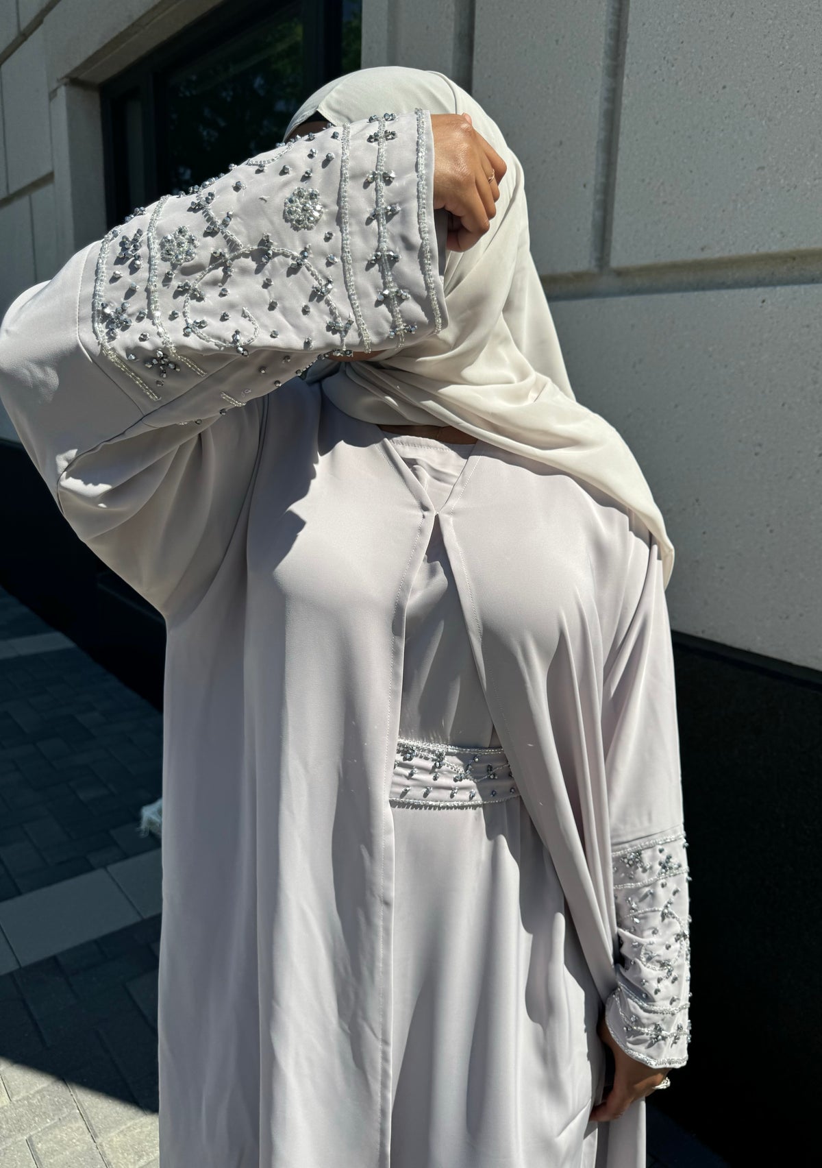 Two Piece with Belt Light Gray Abaya