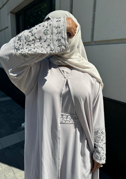 Two Piece with Belt Light Gray Abaya