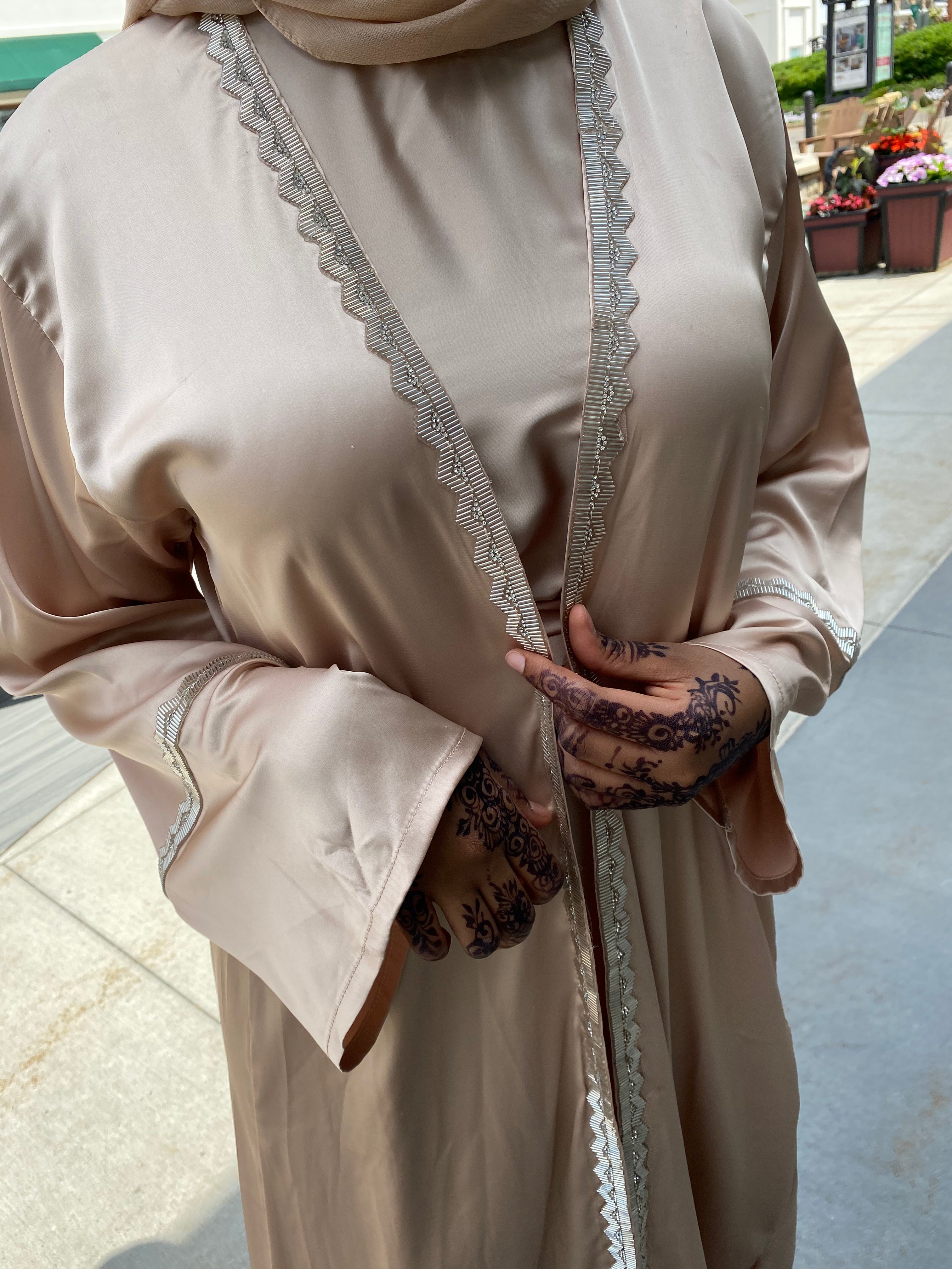 Beige Two Piece Satin Abaya