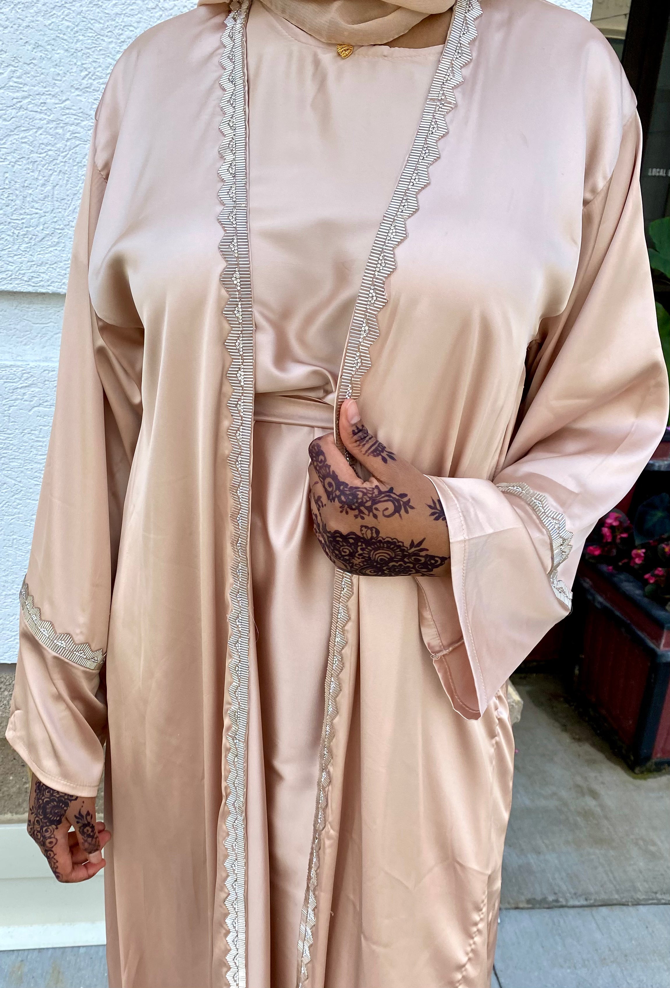 Beige Two Piece Satin Abaya