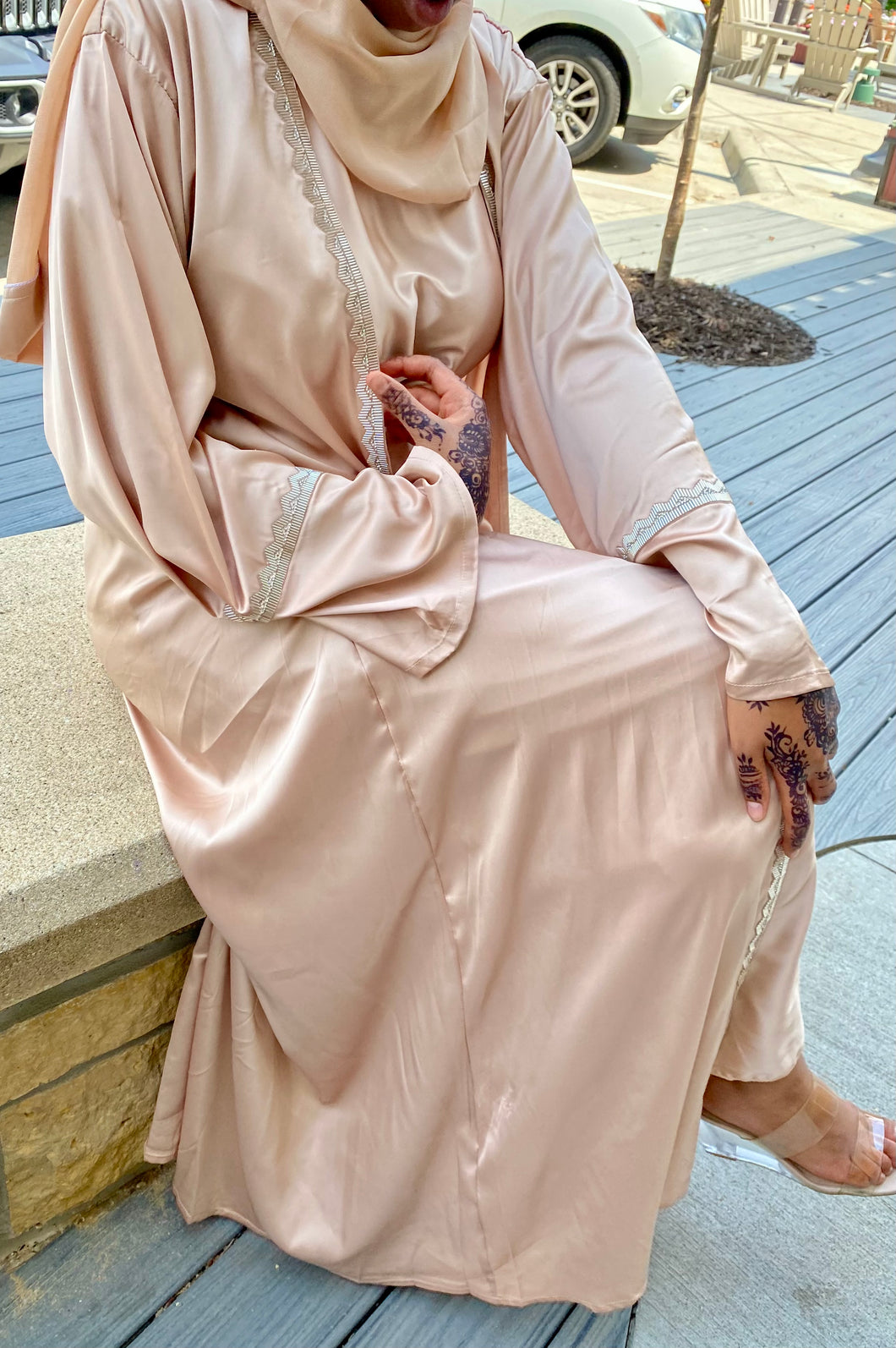 Beige Two Piece Satin Abaya