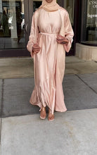 Load and play video in Gallery viewer, Beige Two Piece Satin Abaya
