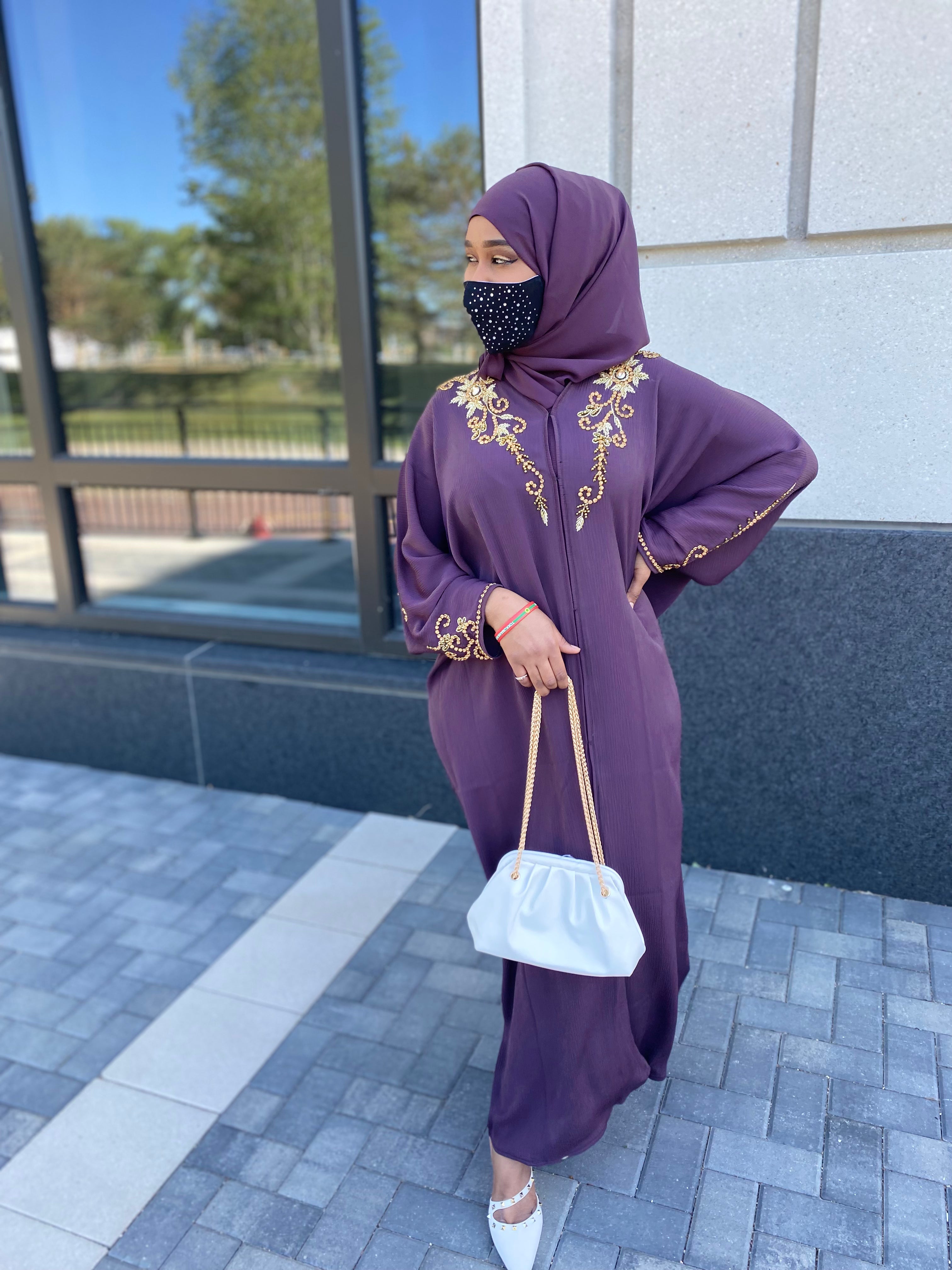 Baharin Beaded Abaya Dark Plum
